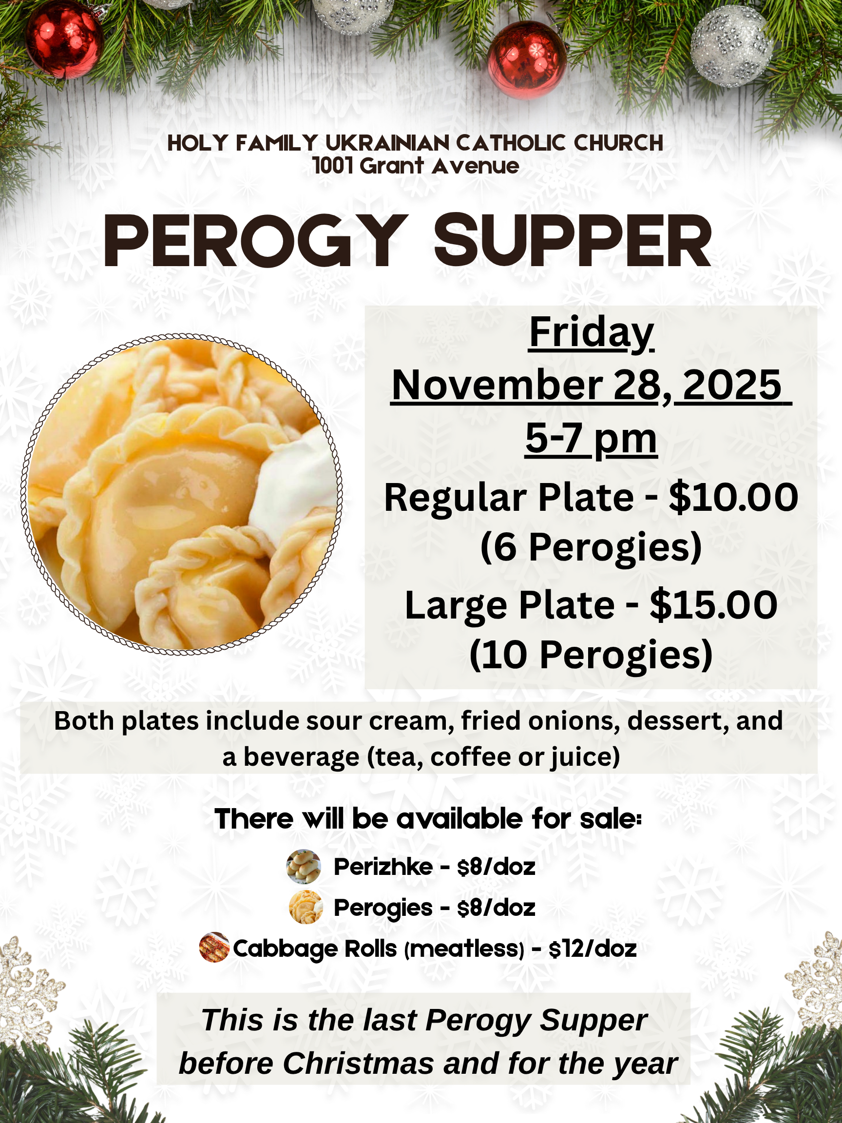 Perogy Princess Perogy Supper, November 28, 5-7 pm - Holy Family Ukrainian Catholic Church